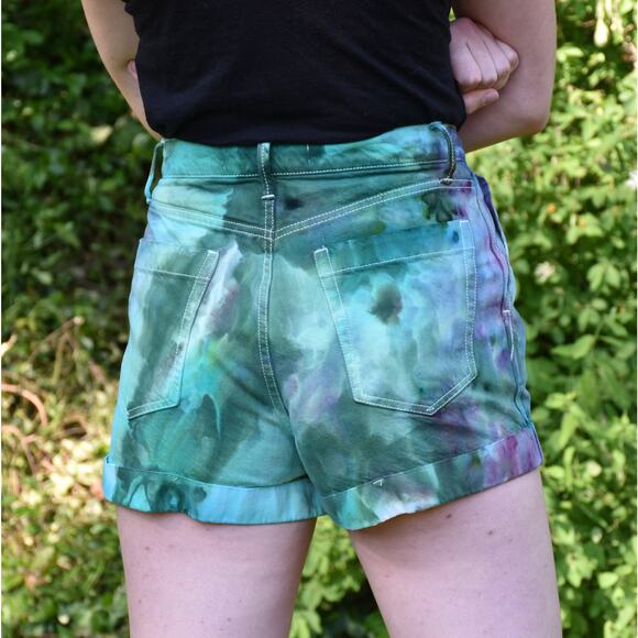Ice Dyed Denim Shorts - High-rise Pleated - Upcycled - Jade Purple (Women's 27) - Picture 3 of 12